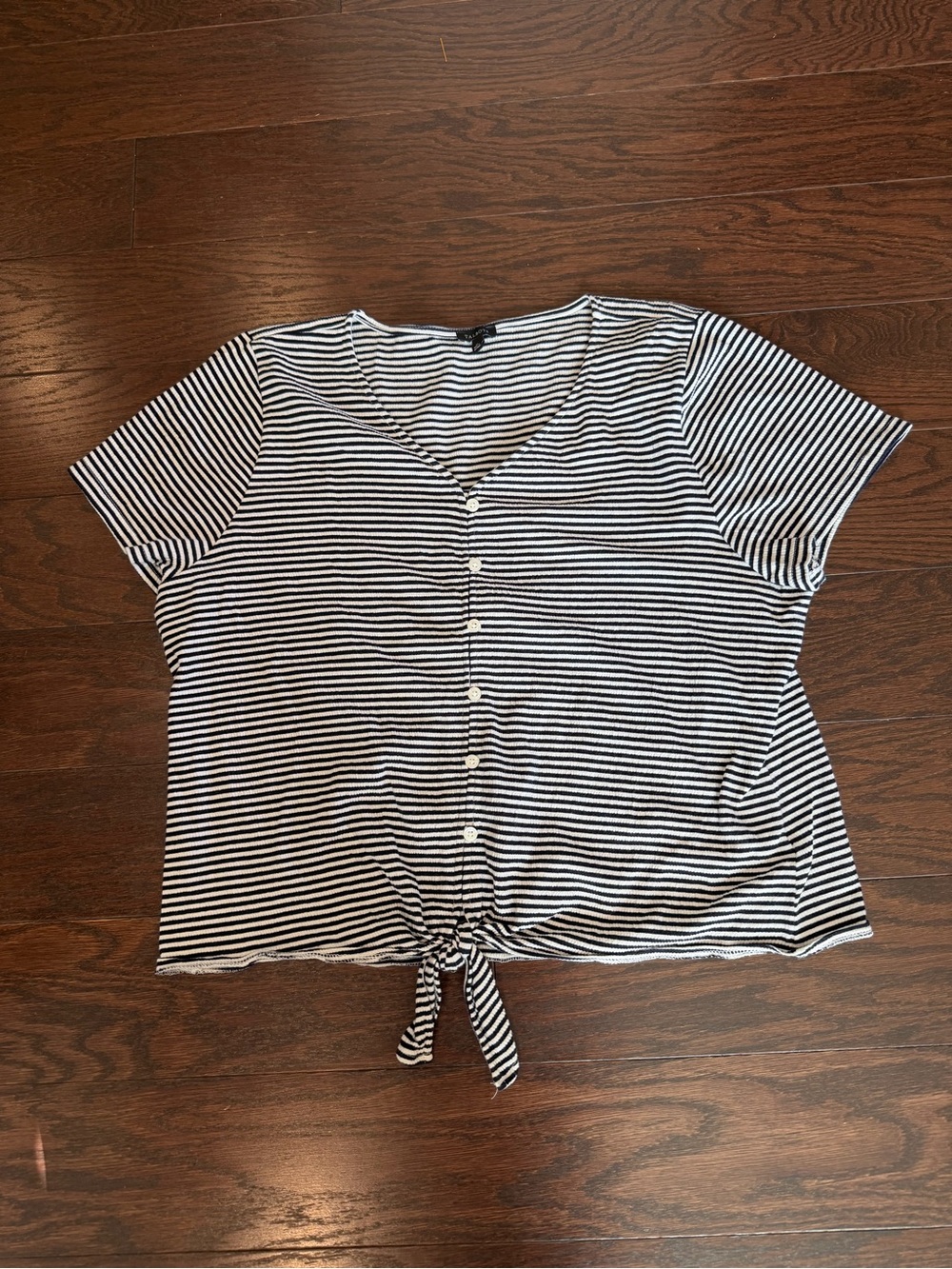 Talbots Striped Black & White Tie-Front V-Neck Top, XL